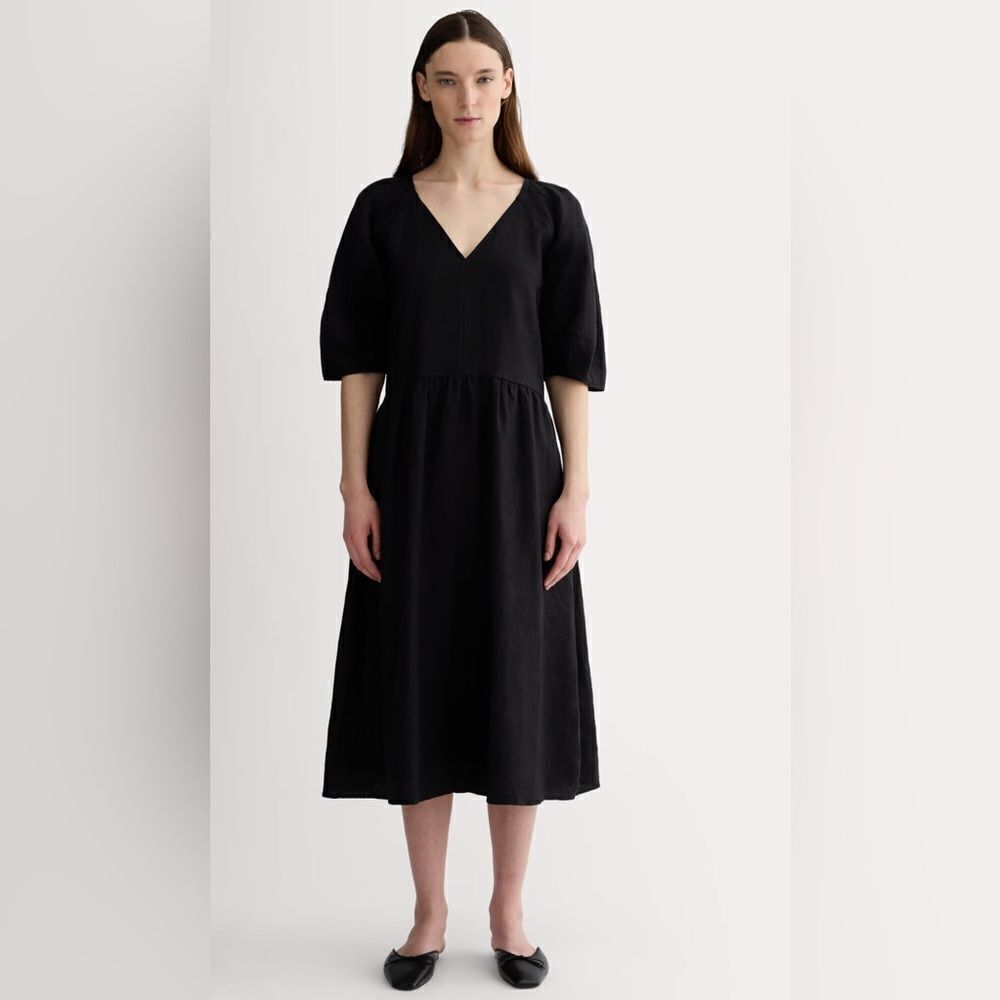 New Everlane The Linen Oversized Puff-Sleeve Dress in Black Size S